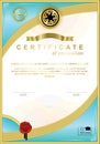 Blue official certificate with wafer, emblem, gold design elements