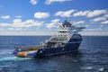 Blue offshore AHTS vessel with helideck at sea.Rem Gamler now called Normand Drott is an Anchor Handling Tug Supply Vessel Royalty Free Stock Photo