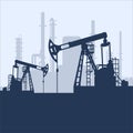 Blue oil pump jack silhouette and factory view. Petroleum industry. Vector template for web, infographics or interface design. Oil