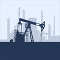 Blue oil pump jack silhouette and factory view. Petroleum industry. Vector template for web, infographics or interface design. Oil Royalty Free Stock Photo