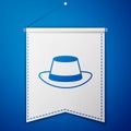 Blue Oktoberfest hat icon isolated on blue background. Hunter hat with feather. German hat. White pennant template