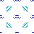 Blue Oktoberfest hat icon isolated seamless pattern on white background. Hunter hat with feather. German hat. Vector