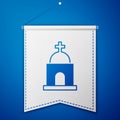 Blue Old crypt icon isolated on blue background. Cemetery symbol. Ossuary or crypt for burial of deceased. White pennant