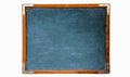 Blue old grungy vintage wooden empty school chalkboard or retro blackboard with weathered frame white background