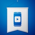 Blue Online play video icon isolated on blue background. Smartphone and film strip with play sign. White pennant Royalty Free Stock Photo