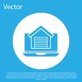 Blue Online real estate house on laptop icon isolated on blue background. Home loan concept, rent, buy, buying a Royalty Free Stock Photo
