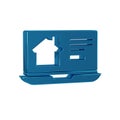 Blue Online real estate house on laptop icon isolated on transparent background. Home loan concept, rent, buy, buying a Royalty Free Stock Photo