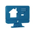 Blue Online real estate house on monitor icon isolated on transparent background. Home loan concept, rent, buy, buying a Royalty Free Stock Photo