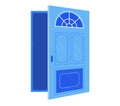 Blue open door with arched glass window on top. Simple flat style house entrance illustration. Welcoming home concept Royalty Free Stock Photo