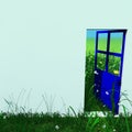 Blue open door looking to green landscape outside