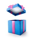 Blue open gift box with pink bow isolated Royalty Free Stock Photo