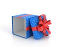 Blue open Gift Box with red ribbon and bow. Royalty Free Stock Photo
