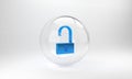 Blue Open padlock icon isolated on grey background. Opened lock sign. Cyber security concept. Digital data protection Royalty Free Stock Photo