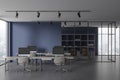 Blue open space office and meeting room interior Royalty Free Stock Photo
