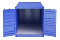 Blue opened empty cargo container, front view. 3D rendering