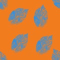 Blue and orange abstract leaves silhouette seamless pattern. Hand drawn leaf silhouettes with scribble textures. Natural elements Royalty Free Stock Photo