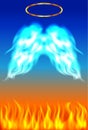 Blue and orange background with hell fire and angel wings with golden grace.