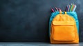 A blue and orange backpack with pencils in it sitting on a table, AI Royalty Free Stock Photo