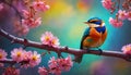 a blue and orange bird on a branch with blossoms in the foreground Royalty Free Stock Photo