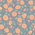 Blue with Orange Camelias and Green Leaves Garden Themed Seamless Repeating Pattern.