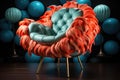 A blue and orange chair sitting in front of a bunch of balloons