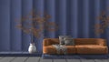 Blue and orange concrete molded plaster wall in modern luxury living room with sofa and potted tree. Cozy background with copy