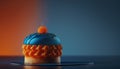 a blue and orange cupcake on a plate on a table. generative ai Royalty Free Stock Photo