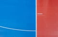 Blue and orange floor volleyball, basketball, badminton, futsal, handball court. Wooden floor of sports hall with marking lines li Royalty Free Stock Photo