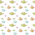 Blue, orange, green fish swim with funny emotions pattern