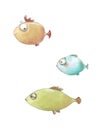 Blue, orange, green fish swim with funny emotions