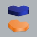 Blue and orange heart pedestal multi-angle empty isolated on purple background. .