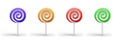 Blue, orange, red, green spiral candy. Round flat lollipop on stick. Bright festive sweets