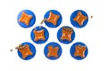 Blue and orange round gears in a slot machine with golden balls falling down for a casino or raffle or lotto. Isolated