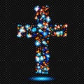 Blue and Orange Shine Symbol of Christian Cross with Sparks on Transparent Background Vector Radiant Cross