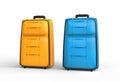 Blue and orange travel baggage suitcases on white background