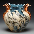 Organic Sculpting: Blue, White, And Orange Vase With Birds