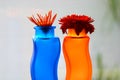 Blue and orange vases with flowers