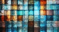 Blue, orange, violet, brown color transparent pieces of glass rectangular shape, glass texture laid out in a mosaic
