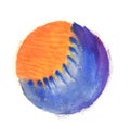 Blue and orange watercolor circle. Colorful hand made design elements. Orange, yellow, blue and violet wet hand painted round spla Royalty Free Stock Photo