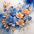 Blue and orange watercolour flower background