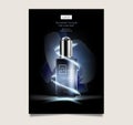 blue orchid and Skin care cosmetic ads, droplet and 3d bottle in blue sea with burst light in 3d illustration, purple roses Royalty Free Stock Photo