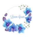 Blue orchids watercolor wreath Vector. Delicate invitation card or greeting. Wedding ceremony decoration frames