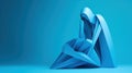 Blue origami rabbit isolated on blue background. 3d render illustration Generative AI