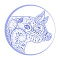 Blue Ornamental pig head in a circle. Flower Emblem in the style of national porcelain painting Royalty Free Stock Photo