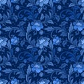 Blue ornate damask flower ornament seamless pattern. Royalty Free Stock Photo