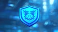 A blue, ornate shield with a detailed crest, over a blurred, technological background Royalty Free Stock Photo