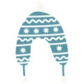 Blue ornate winter hat with pom pom and ear warmers, earflap or trapper hat, flat vector