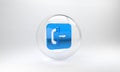 Blue Outgoing call phone icon isolated on grey background. Phone sign. Telephone handset. Glass circle button. 3D render Royalty Free Stock Photo