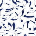Blue outline crane seamless pattern. Traditional Japanese texture