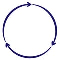 Blue outline icon of the triple circular arrow drawn with a brush line